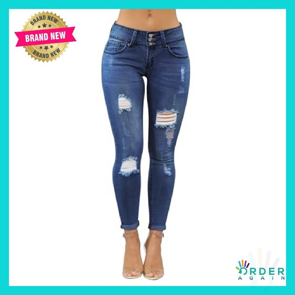 Skinny Ripped Distressed Jeans Stretchy Denim Pants Y2K Trendy Chic - Picture 3 of 7